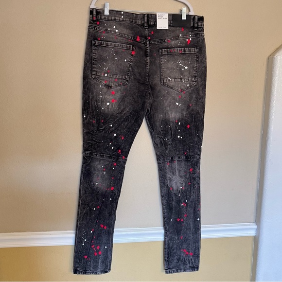 Blind Trust Black Jeans Paint Splatter Slim Fit Red And White 38x34 Hip Hop NEW - Picture 3 of 16
